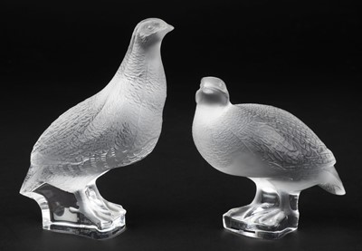 Lot 397 - Lalique. Lalique glass birds, Perdrix Inquiete, model 1241 and Perdrix Couchee, model 1255