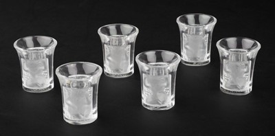 Lot 396 - Lalique. Cristal Lalique, Enfants 13400, a set of 6 clear and frosted liqueur or shot glasses