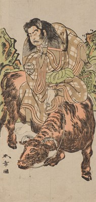 Lot 113 - Shunsho (Katsukawa, 勝川 春章). Ichimura Uzaemon as a Farmer riding an Ox, circa 1760