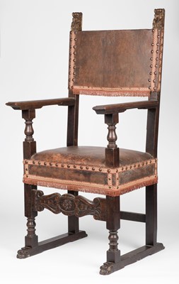 Lot 434 - Chairs. A pair of easy 18th century continental Baroque-style oak armchairs