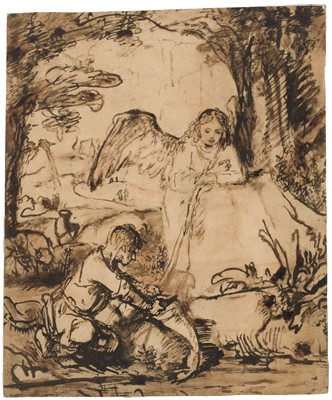 Lot 42 - After Govaert Flinck, Tobias and the Angel, pen and brown ink and wash, circa 1900s