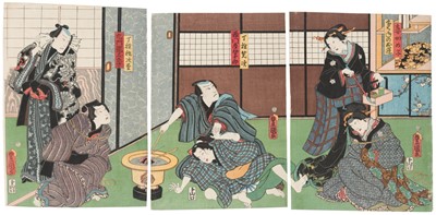 Lot 145 - Kunisada I (Utagawa, known as Toyokuni III, 1786-1865). Kabuki triptych, 1860