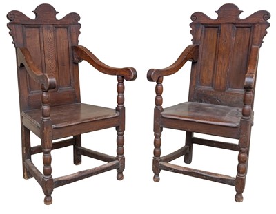 Lot 429 - Armchairs. A pair of Charles II style oak wainscot armchairs, late 19th century