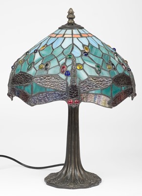 Lot 441 - Leaded glass table lamp. A Tiffany-style dragonfly leaded glass table lamp, late 20th century