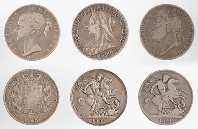 Lot 536 - Victoria (1837-1901). Crown, 1845, 1897, together with a George IV Crown, 1821, fine and better