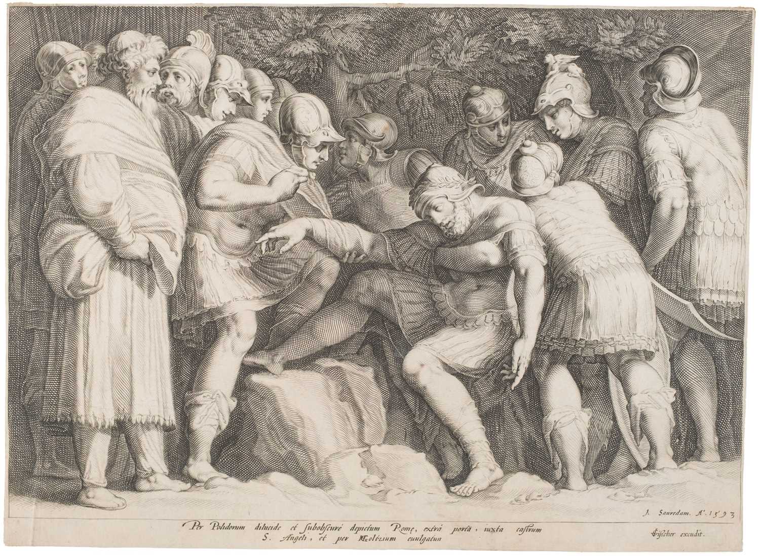 Lot 11 - Saenredam (Jan, c. 1565-1607). Scipio wounded in Battle, after Goltzius, 1593, plus two others