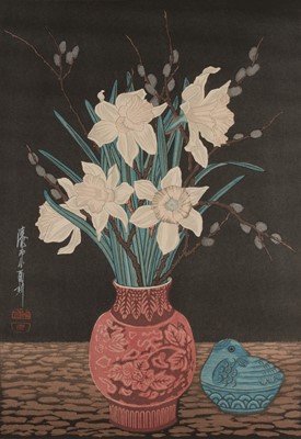 Lot 230 - Urushibara (Yoshijiro, 1889-1953). Daffodils and Pussy Willow in a Red Vase