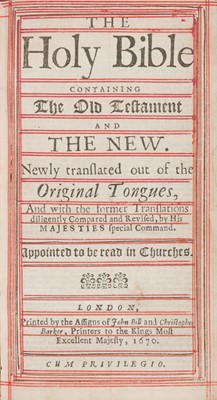 Lot 275 - Bible [English]. The Holy Bible containing the Old Testament and the New, 1670