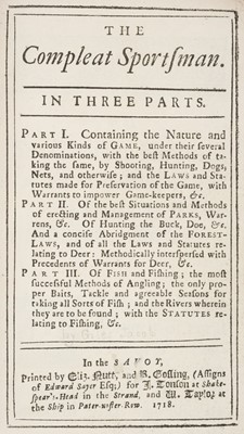 Lot 94 - Jacob, Giles. The Compleat Sportsman. In Three Parts..., 1st edition, 1718