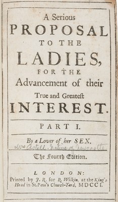 Lot 335 - Astell (Mary). A Serious Proposal to the Ladies..., 2 parts in 1, 4th ed., 1701