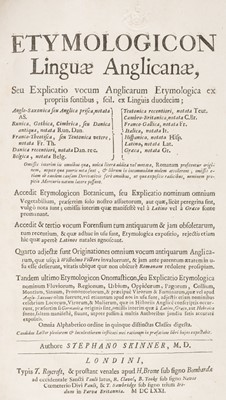 Lot 276 - Skinner (Stephen). Etymologicon Linguae Anglicanae..., 1671