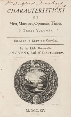Lot 283 - Shaftesbury (Anthony Ashley Cooper, 3rd Earl). Characteristicks of Men, Manners..., 1714