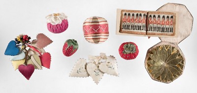 Lot 382 - Pincushion. An 18th century spider's web silk pin ball, & 3 other items related