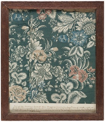 Lot 318 - Fabric. A small framed fragment of brocade relating to Alfred Tennyson, mid 18th century, & others