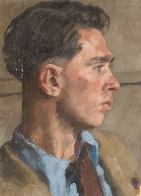 Lot 220 - English School. Profile of a Young Man, 1946, oil on wood panel