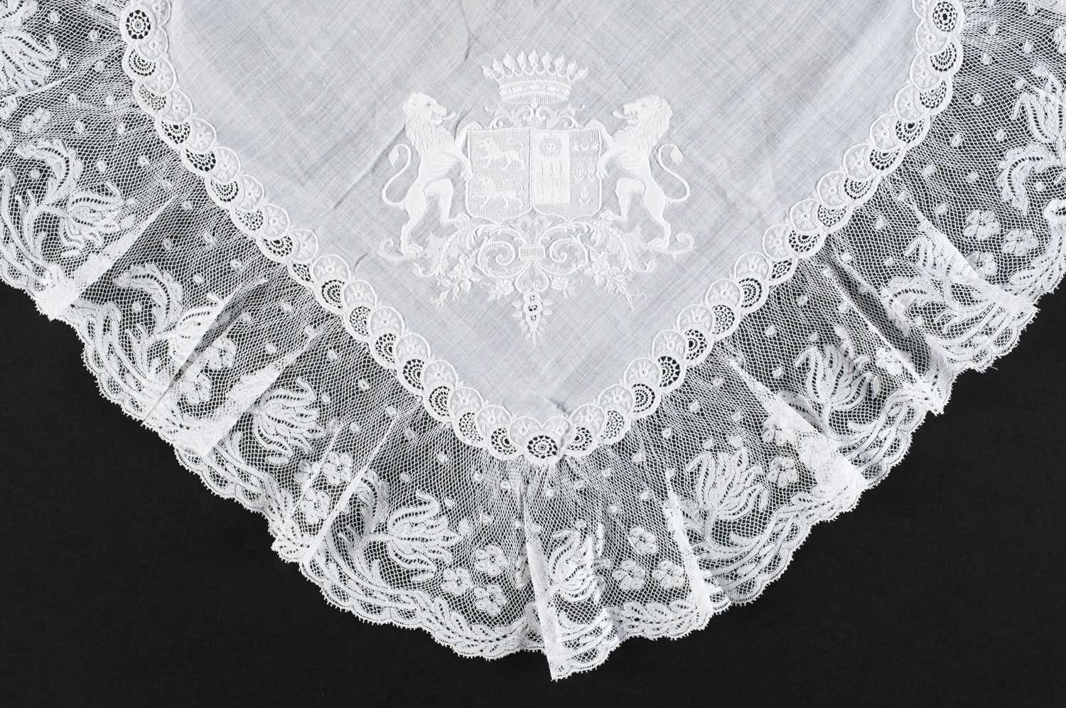 Lot 326 - Handkerchief. Lace armorial wedding hanky belonging to Clémentine de Granal (1850-1947), 1872