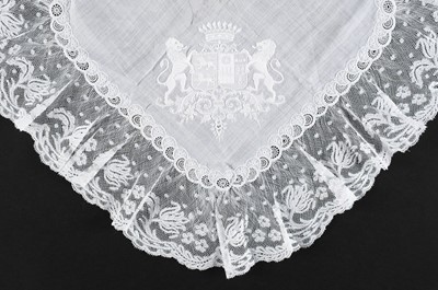 Lot 326 - Handkerchief. Lace armorial wedding hanky belonging to Clémentine de Granal (1850-1947), 1872