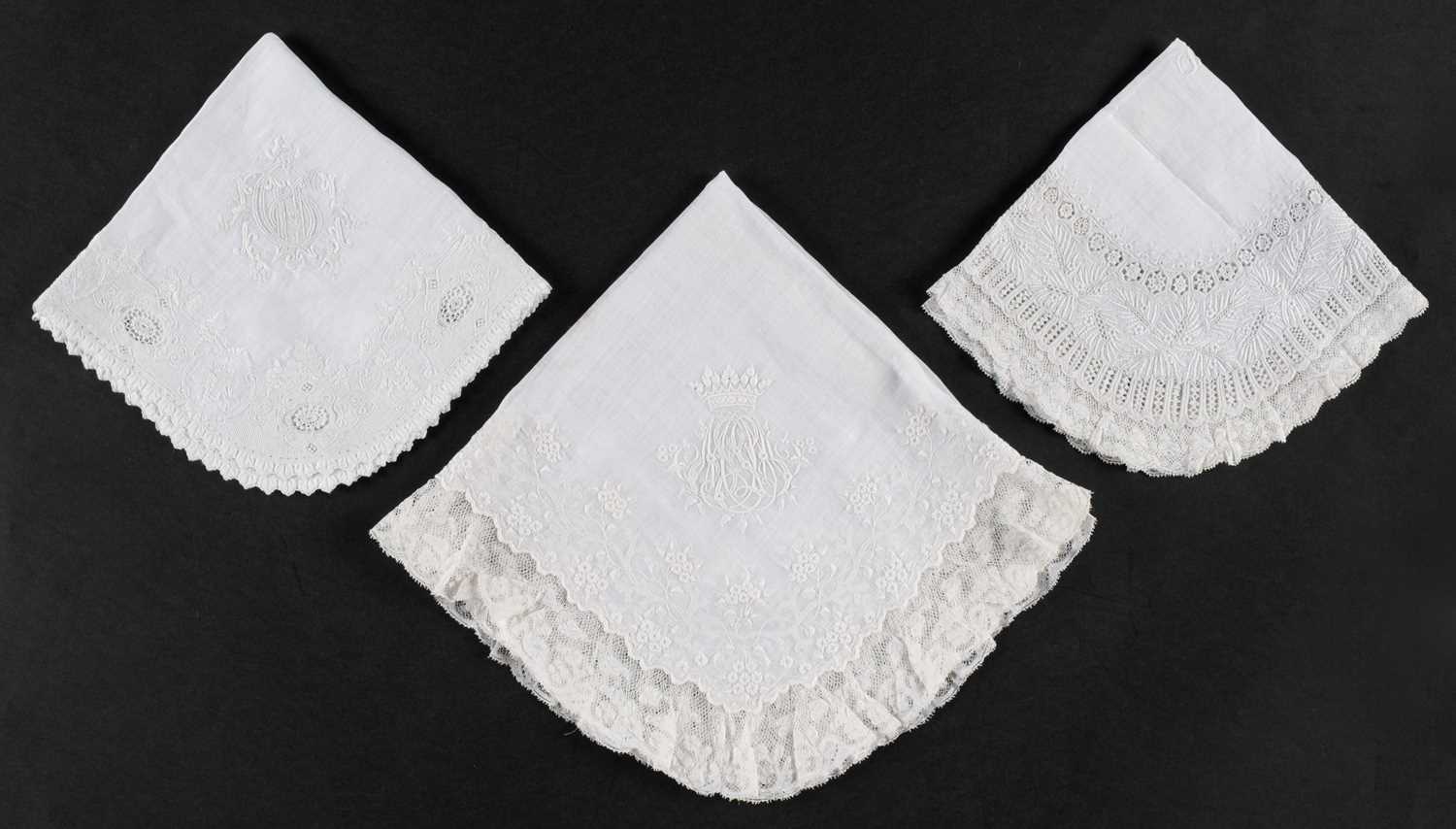 Lot 323 - Handkerchief. A fine whitework hanky, 2nd half of the 19th century, & 3 others