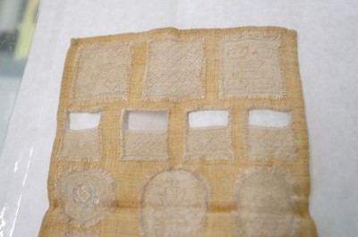 Lot 329 - Hollie Point Lace. A small Hollie Point sampler, late 18th century, & other items