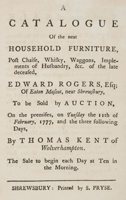 Lot 110 - Property Auction catalogue. A Catalogue of the neat Household Furniture..., 1777