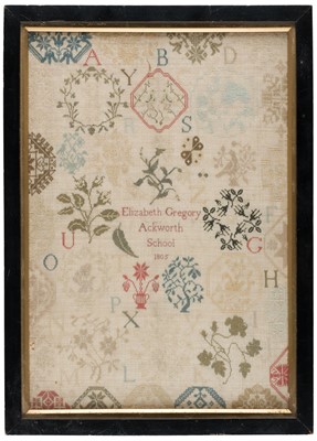 Lot 345 - Sampler. A medallion needlework by Elizabeth Gregory, Ackworth School, 1805