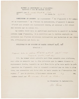 Lot 277 - Curie (Marie, 1867-1934). Part-printed Document Signed, ‘M. Curie’, 25 March 1914