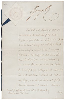 Lot 307 - George IV (1762-1830), King of Great Britain and Ireland, 1820-1830. Document Signed, 26 July 1826