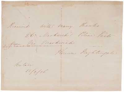 Lot 331 - Nightingale (Florence, 1820-1910). Autograph Receipt Signed, Scutari, 22 February 1856