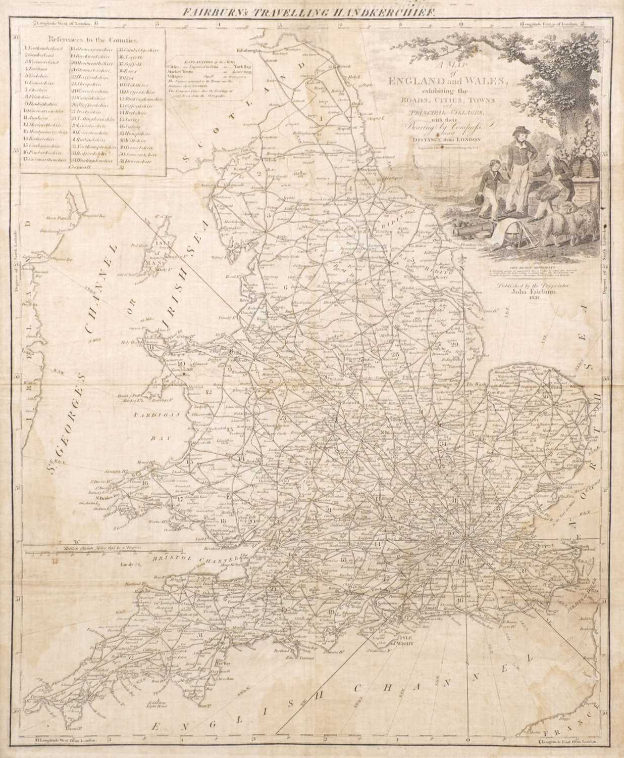 Lot 321 - Handkerchief Map. Fairburn's Travelling Handkerchief, 1831