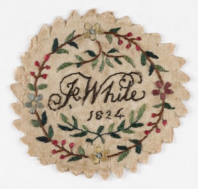 Lot 354 - Watch Sampler. Embroidered pocket watch roundel stitched by J. White, 1824