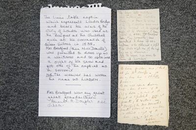 Lot 338 - Queen Victoria. A napkin from the Banquet held at the Guildhall, London, 1837