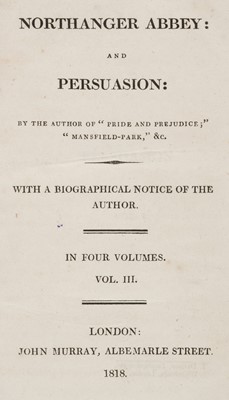 Lot 518 - Austen (Jane). Northanger Abbey: And Persuasion, vols II-III only (of 4), 1st edition, 1818
