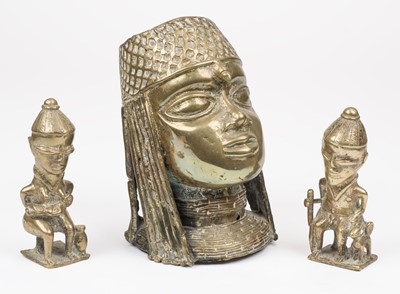 Lot 578 - Benin Figures. African Benin head of an Oba (king) and two figures