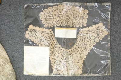 Lot 332 - Lace Veil. A needlelace wedding veil, late 19th/early 20th century, & other lace items