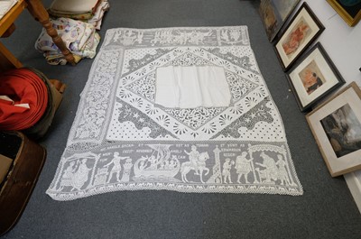 Lot 332 - Lace Veil. A needlelace wedding veil, late 19th/early 20th century, & other lace items