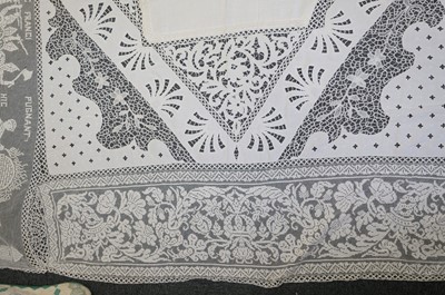 Lot 332 - Lace Veil. A needlelace wedding veil, late 19th/early 20th century, & other lace items