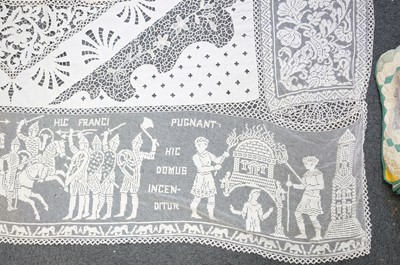 Lot 332 - Lace Veil. A needlelace wedding veil, late 19th/early 20th century, & other lace items
