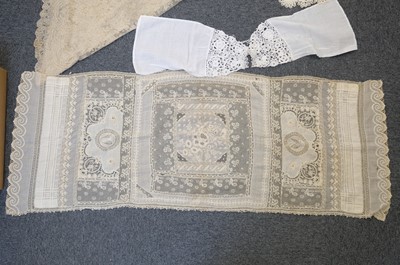 Lot 332 - Lace Veil. A needlelace wedding veil, late 19th/early 20th century, & other lace items
