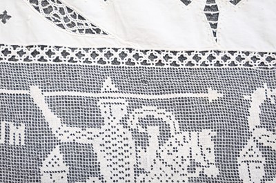 Lot 332 - Lace Veil. A needlelace wedding veil, late 19th/early 20th century, & other lace items