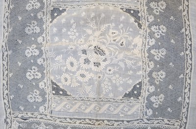 Lot 332 - Lace Veil. A needlelace wedding veil, late 19th/early 20th century, & other lace items