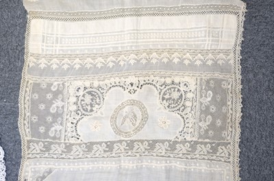 Lot 332 - Lace Veil. A needlelace wedding veil, late 19th/early 20th century, & other lace items