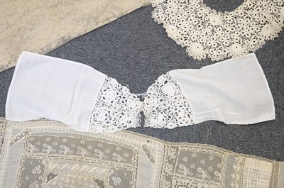 Lot 332 - Lace Veil. A needlelace wedding veil, late 19th/early 20th century, & other lace items
