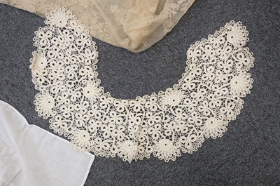 Lot 332 - Lace Veil. A needlelace wedding veil, late 19th/early 20th century, & other lace items
