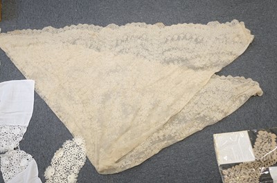 Lot 332 - Lace Veil. A needlelace wedding veil, late 19th/early 20th century, & other lace items