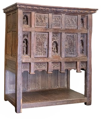 Lot 487 - Court Cupboard. A Gothic carved oak court cupboard, 16th century