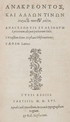 Lot 183 - Anacreon. Lyricorum aliquot poetarum Odae...., 2nd edition, Paris, 1556