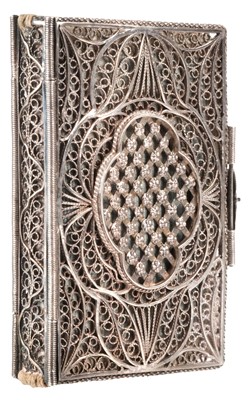 Lot 387 - Silver Filigree Binding. A late 19th century continental silver almanack book case