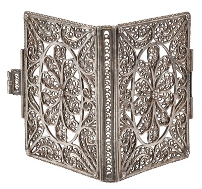 Lot 386 - Silver Filigree Binding. A late 19th century continental silver almanack book case