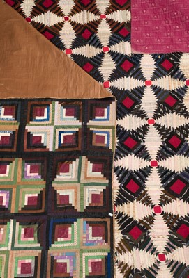 Lot 344 - Quilt. Log cabin patchwork coverlet, American, mid 19th century, & a pineapple quilt