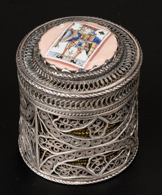 Lot 406 - Gaming token box. A George III silver filigree box inset with enamel playing card